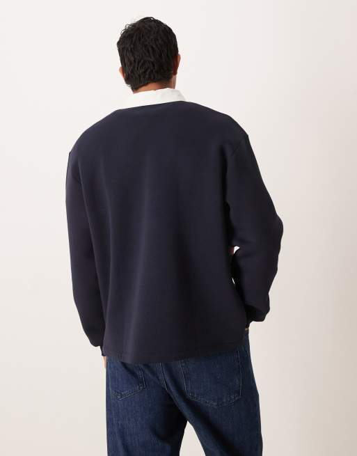 ASOS DESIGN - Marineblå afslappet polo-sweatshirt med rugby-detaljer og klip-og-sy-paneler, 3 af 5