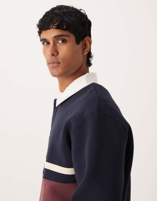 ASOS DESIGN - Marineblå afslappet polo-sweatshirt med rugby-detaljer og klip-og-sy-paneler, 4 af 5