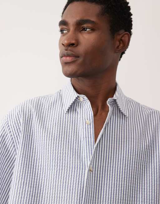 ASOS DESIGN - Marineblå afslappet skjorte i seersucker med striber - Del af sæt, 5 af 5