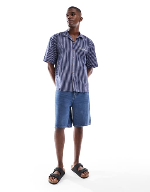 ASOS DESIGN - Marineblå afslappet skjorte med reverskrave, broderi på brystet og striber, 3 af 5