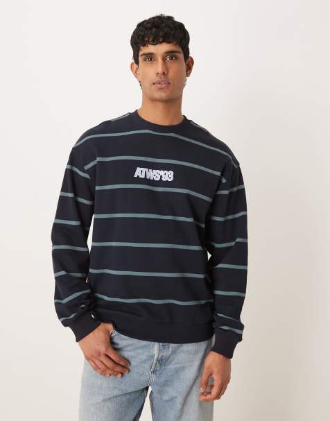 ASOS DESIGN - Marineblå afslappet sweatshirt med rund hals, tekstprint og striber - view 1