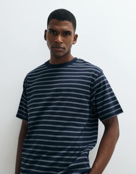 ASOS DESIGN - Marineblå afslappet T-shirt i kraftigt stof med striber - view 1