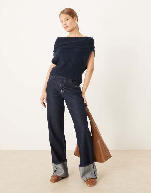 ASOS DESIGN - Marineblå bardot-top i boucléstrik med foldedesign, 2 af 4