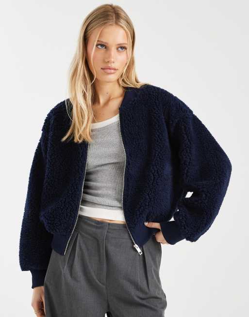 ASOS DESIGN - Marineblå bomberjakke i imiteret lammeskind, 2 af 4
