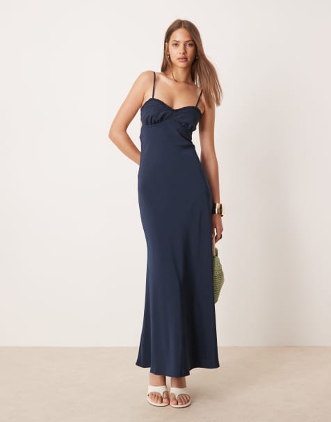 ASOS DESIGN - Marineblå cami-maxikjole med åben ryg i satin - view 1