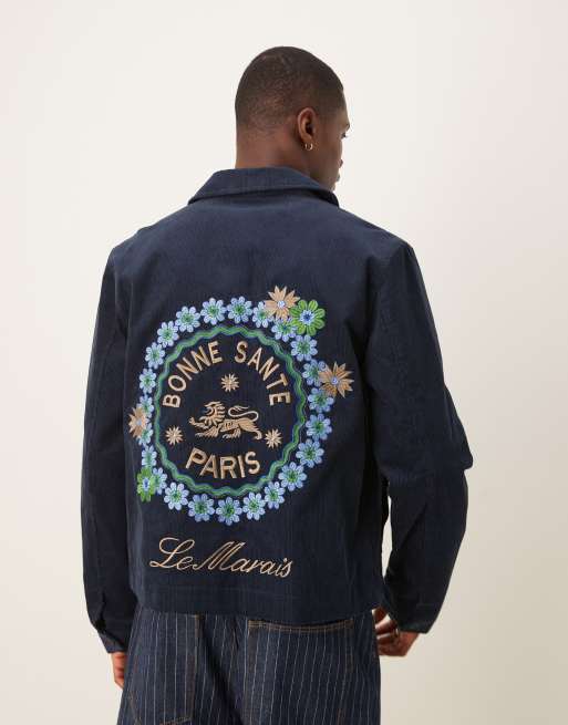 ASOS DESIGN - Marineblå cropped Harrington-jakke med broderi i fløjl, 2 af 4