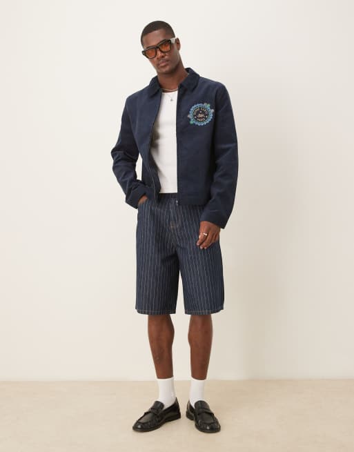 ASOS DESIGN - Marineblå cropped Harrington-jakke med broderi i fløjl, 3 af 4