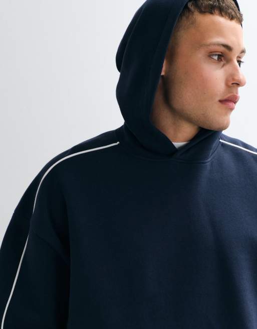 ASOS DESIGN - Marineblå ekstremt oversized hættetrøje med print og bånddetalje samt firkantet pasform, 3 af 5