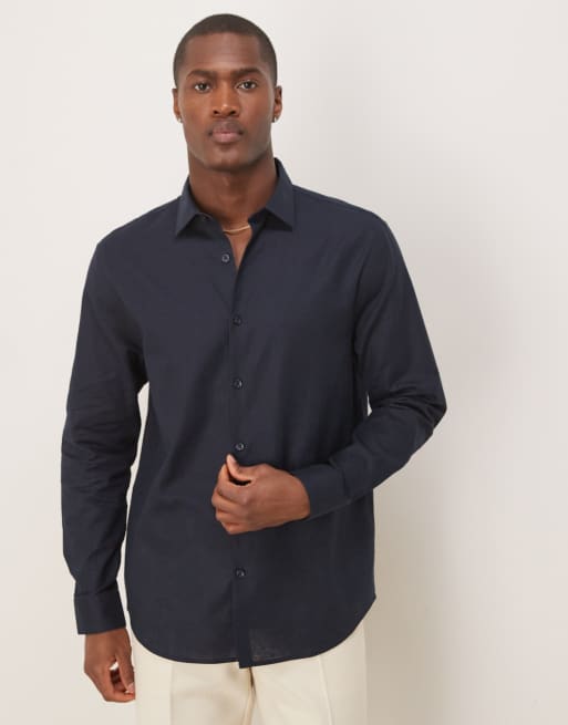 ASOS DESIGN - Marineblå elegant skjorte i hør i regular fit