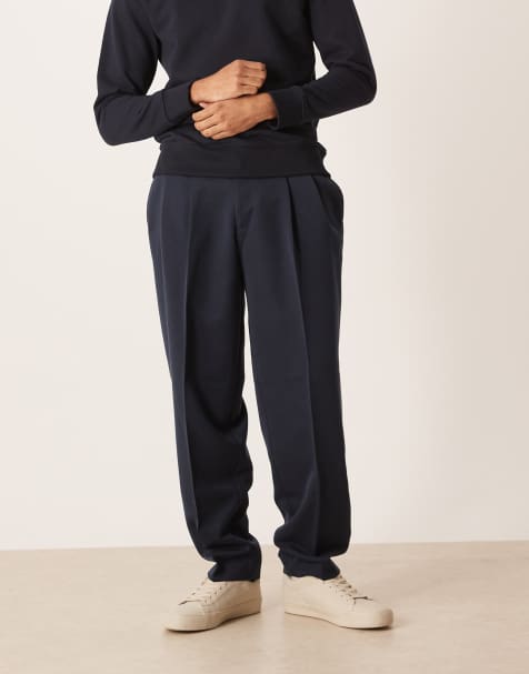 ASOS DESIGN - Marineblå elegante oversized bukser med tapered ben og elastisk talje med smalt bælte - view 1