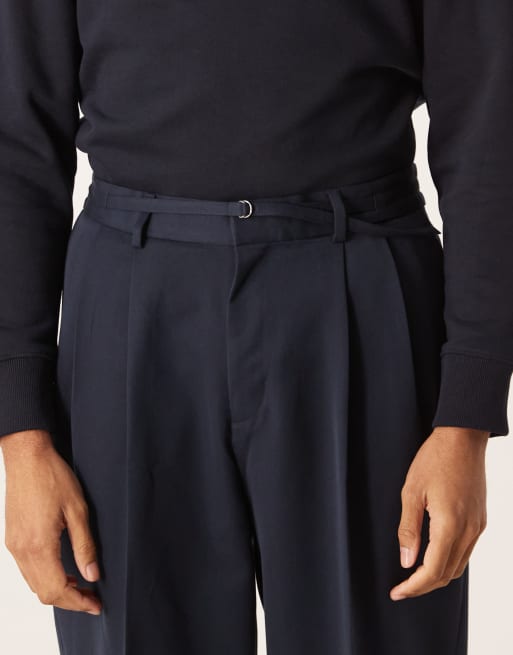 ASOS DESIGN - Marineblå elegante oversized bukser med tapered ben og elastisk talje med smalt bælte, 4 af 5