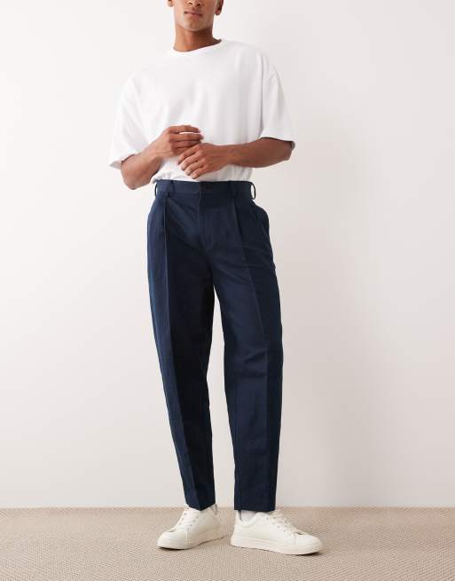 ASOS DESIGN - Marineblå elegante oversized tapered bukser med læg i hørrig blanding, 2 af 5