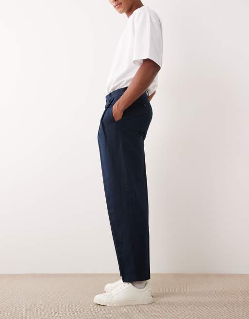 ASOS DESIGN - Marineblå elegante oversized tapered bukser med læg i hørrig blanding, 3 af 5