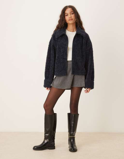 ASOS DESIGN - Marineblå fleece med lynlås i imiteret chenille-lammeskind