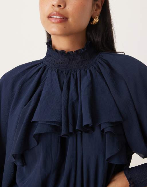 ASOS DESIGN - Marineblå højhalset maxikjole i chiffon med flæsedetalje, 4 af 4