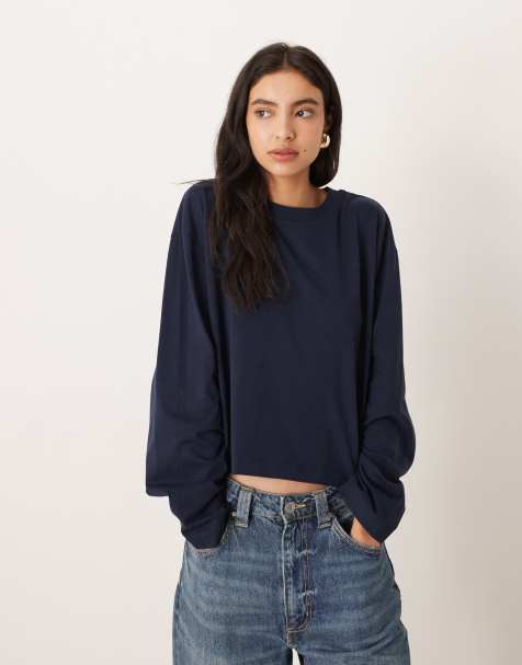 ASOS DESIGN - Marineblå, kasseformet og cropped T-shirt med lange ærmer - view 1