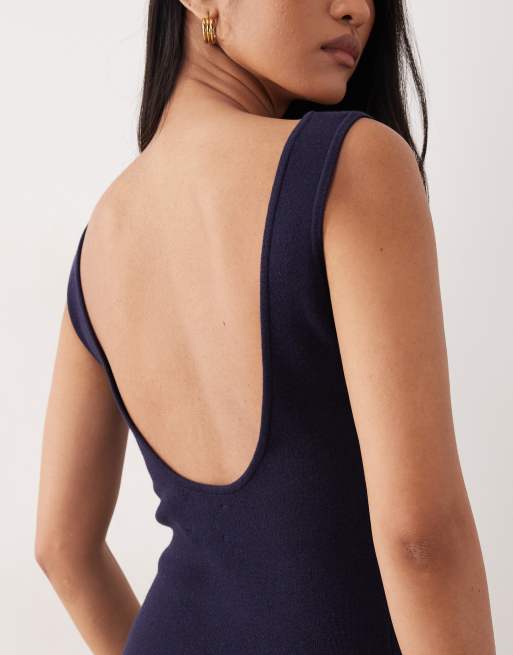 ASOS DESIGN - Marineblå kjole i bomuldsblanding med dyb rund ryg, 2 af 4