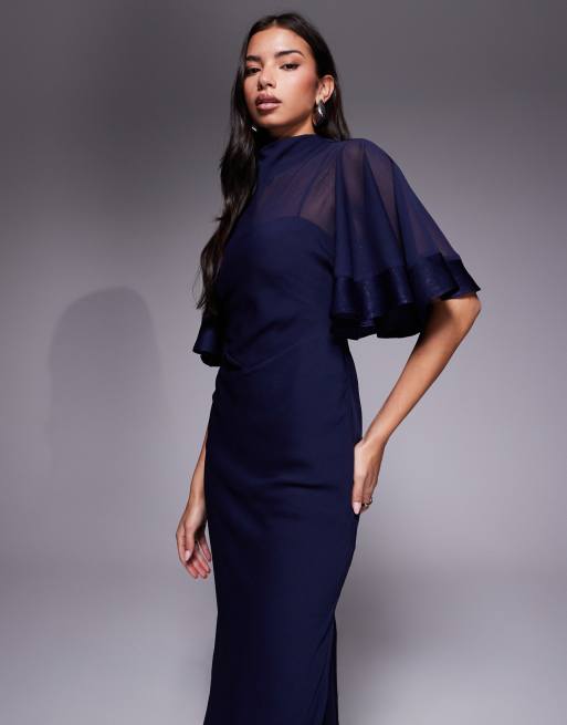 ASOS DESIGN - Marineblå kjole i satin med vide halve ærmer i søjlesnit i kontrastmaterialet chiffon, 2 af 4