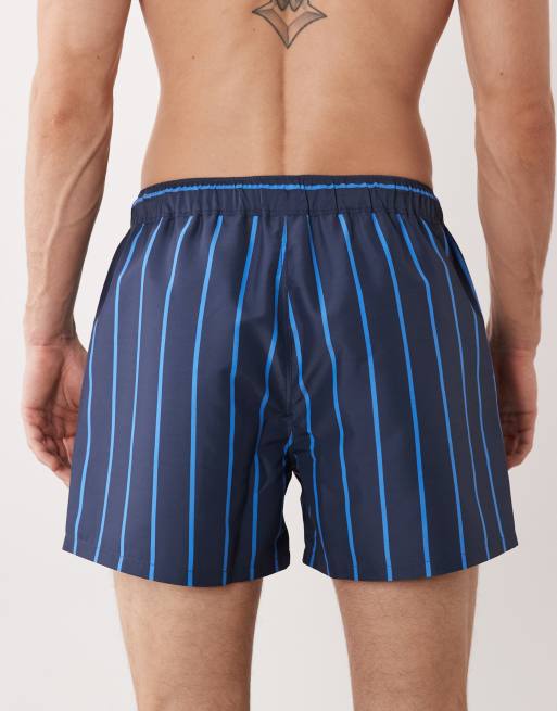 ASOS DESIGN - Marineblå korte badeshorts med blå striber og brodering - Del af sæt, 5 af 5