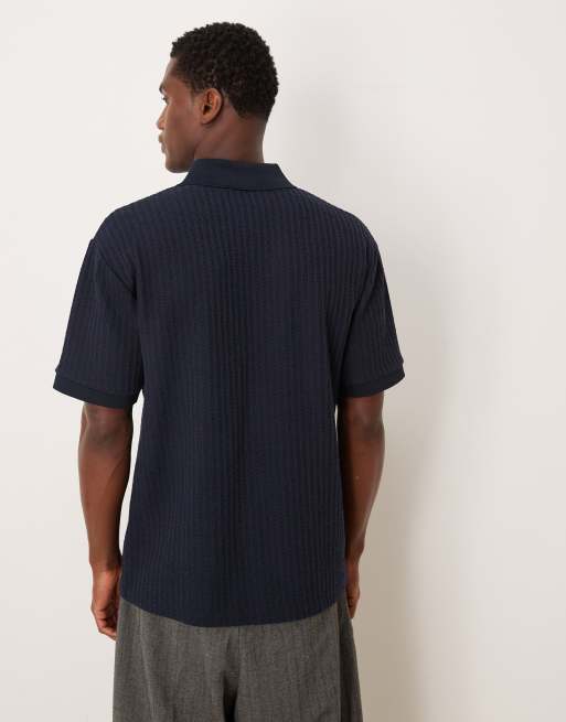 ASOS DESIGN - Marineblå kraftig afslappet polo med lynlås i halsen og tekstur , 3 af 5