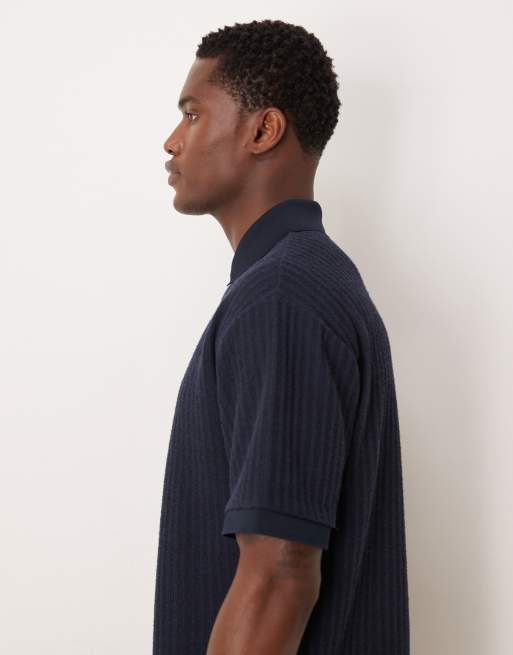 ASOS DESIGN - Marineblå kraftig afslappet polo med lynlås i halsen og tekstur , 4 af 5