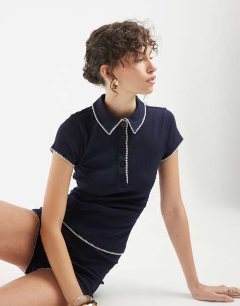 ASOS DESIGN - Marineblå krympet polo med tæppesyninger - view 1
