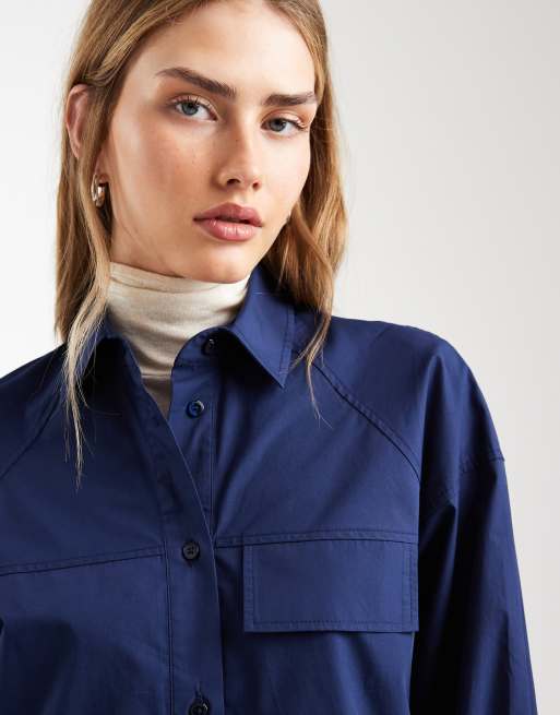 ASOS DESIGN - Marineblå langærmet skjortekjole i minilængde med forlommer, 3 af 4