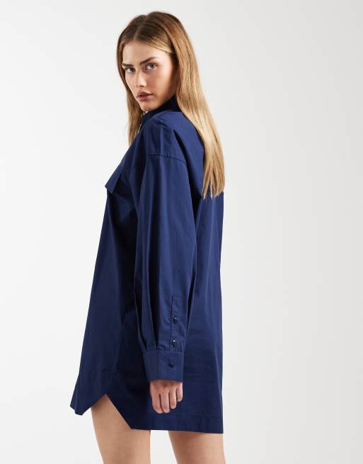 ASOS DESIGN - Marineblå langærmet skjortekjole i minilængde med forlommer, 4 af 4