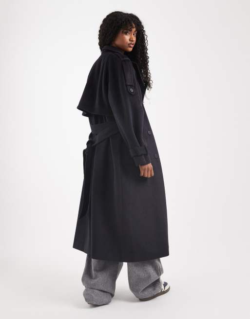ASOS DESIGN - Marineblå longline-trenchcoat med ståkrave og børstet overflade, 3 af 4