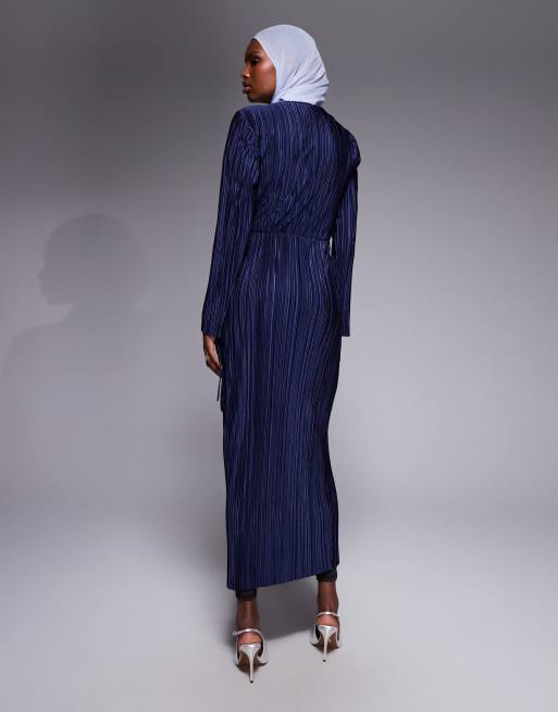 ASOS DESIGN - Marineblå maxikjole med lange ærmer, slå-om-talje og plisseringer, 4 af 4