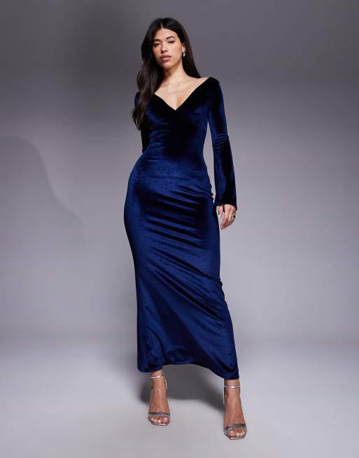 ASOS DESIGN - Marineblå maxikjole med supervid V-hals og lange ærmer i velour, 2 af 4