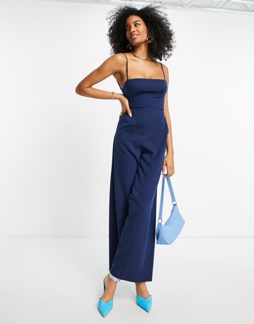 ASOS DESIGN - Marineblå meleret jumpsuit med brede ben og tynde stropper bagpå 