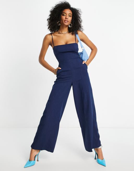 ASOS DESIGN - Marineblå meleret jumpsuit med brede ben og tynde stropper bagpå , 4 af 4