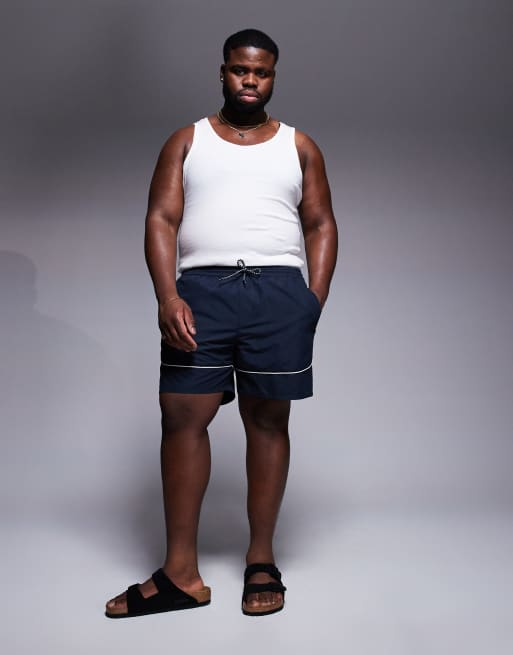 ASOS DESIGN - Marineblå mellemlange badeshorts med hvide kontrastbånd, 2 af 4