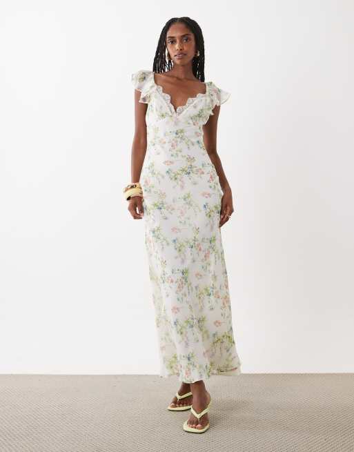 ASOS DESIGN - Marineblå midikjole med hjerteformet hals og flæseærmer i prikket print, 2 af 4