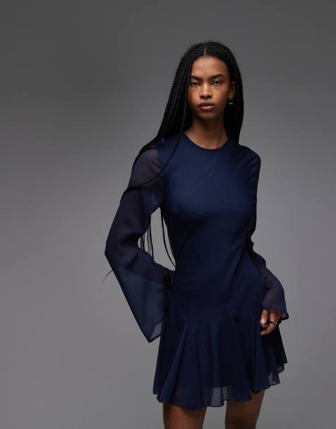 ASOS DESIGN - Marineblå minikjole med lange ærmer og nederdel med flæser - view 1