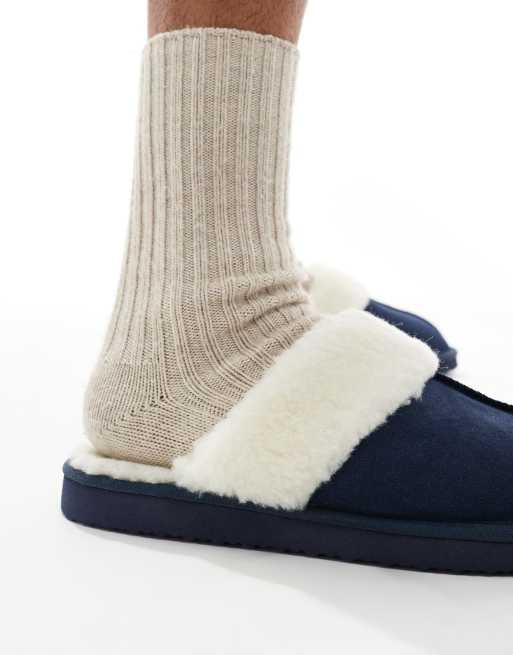 ASOS DESIGN - Marineblå mule-hjemmesko i imiteret ruskind med for i imiteret rulam, 2 af 4