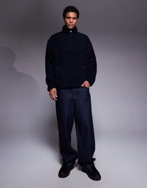 ASOS DESIGN - Marineblå og afslappet sweatshirt i imiteret lammeskind med ståkrave og lynlås , 2 af 5
