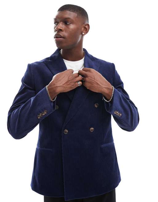  ASOS DESIGN - Marineblå og dobbeltradet slim fit-blazer i jernbanefløjl, 4 af 5