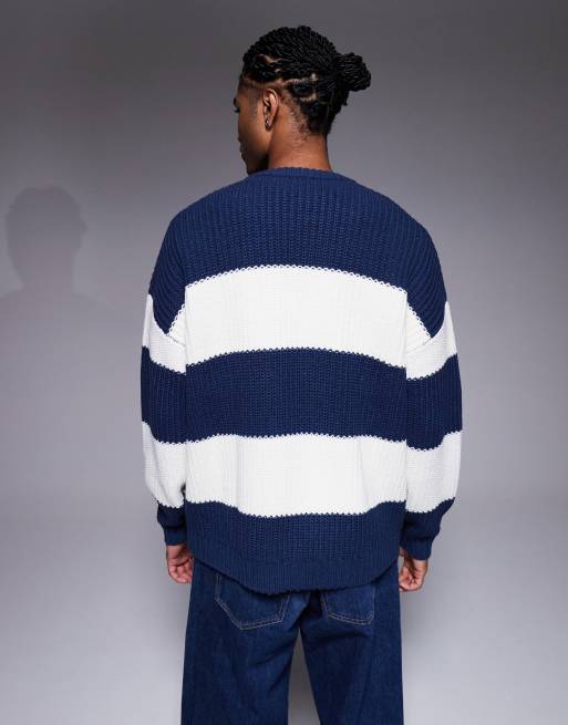ASOS DESIGN - Marineblå og ecrufarvet oversized trøje i strik med rund hals, 3 af 5