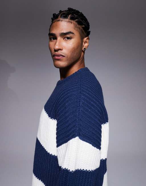 ASOS DESIGN - Marineblå og ecrufarvet oversized trøje i strik med rund hals, 4 af 5