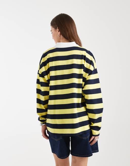 ASOS DESIGN - Marineblå og gul rugby-T-shirt med lange ærmer og striber, 4 af 4