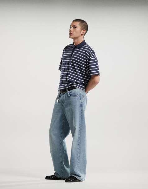 ASOS DESIGN - Marineblå og hvid cropped oversized polotrøje med sænkede skuldre og striber - view 1