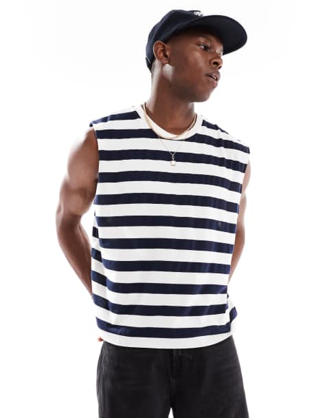 ASOS DESIGN - Marineblå og hvid oversized firkantet tanktop med striber - view 1