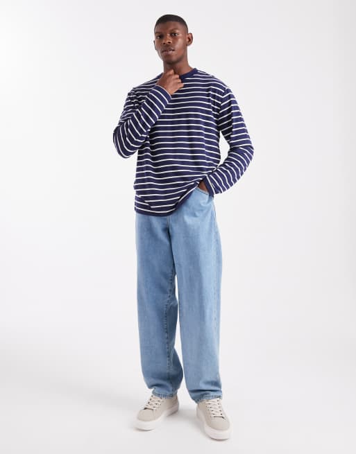 ASOS DESIGN - Marineblå og hvid stribet afslappet langærmet t-shirt, 2 af 5
