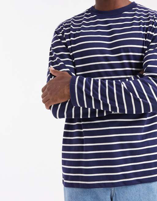 ASOS DESIGN - Marineblå og hvid stribet afslappet langærmet t-shirt, 5 af 5