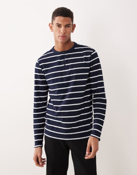 ASOS DESIGN - Marineblå og hvid T-shirt med henley-hals og lange ærmer - view 1