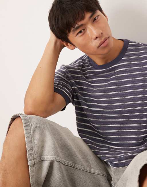 ASOS DESIGN - Marineblå og hvid T-shirt med striber og tekstur i kraftigt materiale , 4 af 4
