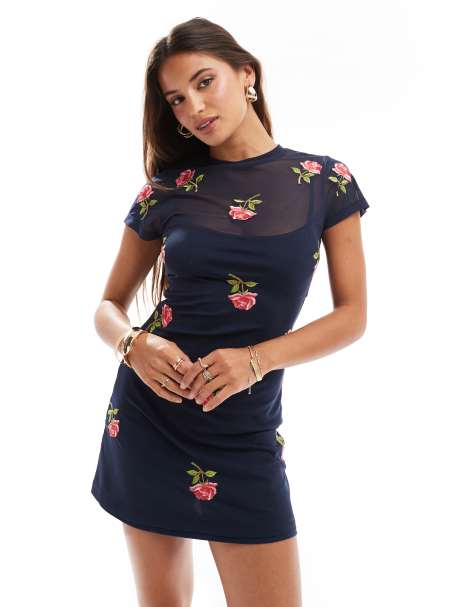 ASOS DESIGN - Marineblå og kortærmet minikjole i mesh med blomsterbroderi - view 1