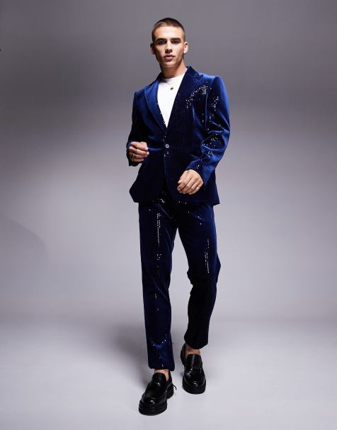 ASOS DESIGN - Marineblå og skinny habitbukser i velour med pailletter - view 1
